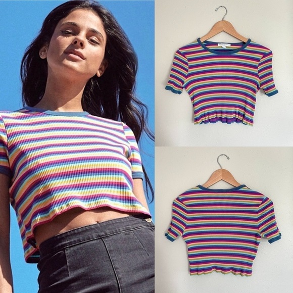 Spiritual Gangster | Rainbow Stripe Ribbed Cropped Rio Tee - Picture 1 of 13